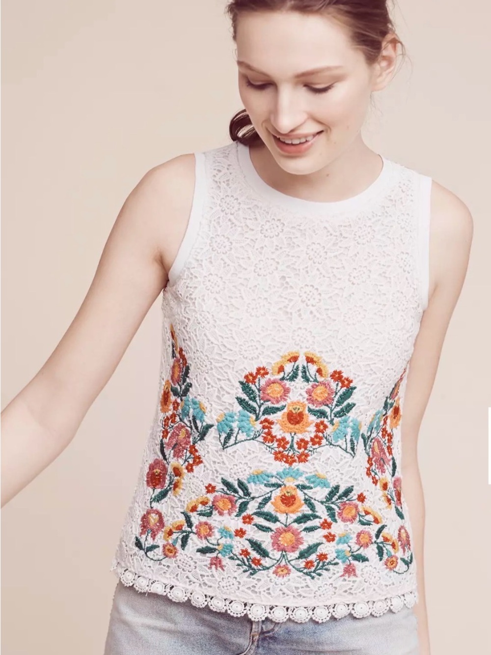 Maeve White Lace Tank Multicolor Floral Embroidery Cotton Viscose Cottagecore M